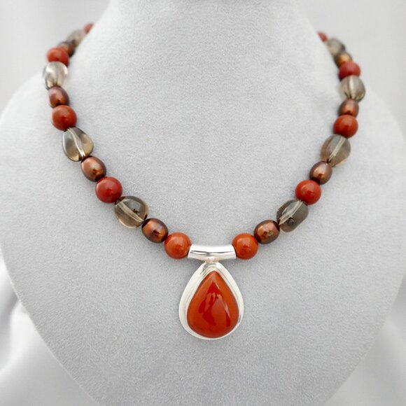 Pendant Necklace: Orange Jasper, Smoky Quartz, Bronze Pearl, Sterling Silver - Picture 1 of 4